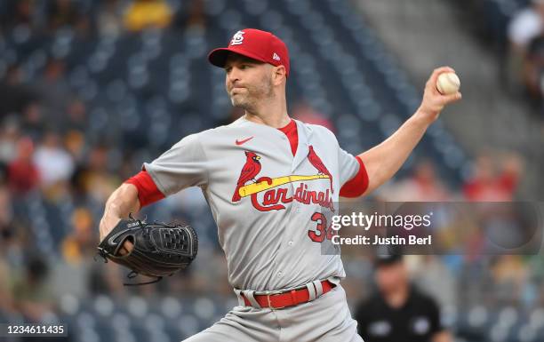 Happ of the St. Louis Cardinals delivers a pitch in the first inning during the game against the Pittsburgh Pirates at PNC Park on August 10, 2021 in...