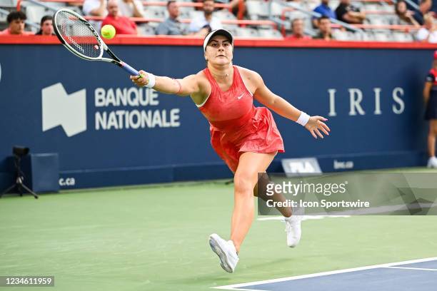 Bianca Andreescu returns the ball during the second round WTA National Bank Open match on August 10, 2021 at IGA Stadium in Montreal, QC