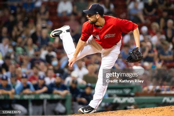Matt Barnes of the Boston Red Sox pitches in the ninth inning against the Tampa Bay Rays at Fenway Park on August 10, 2021 in Boston, Massachusetts.