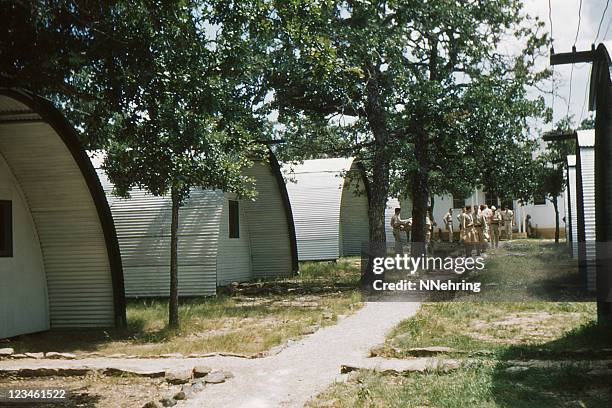 wwii quonset huts on military base 1949, retro - air force base stock pictures, royalty-free photos & images