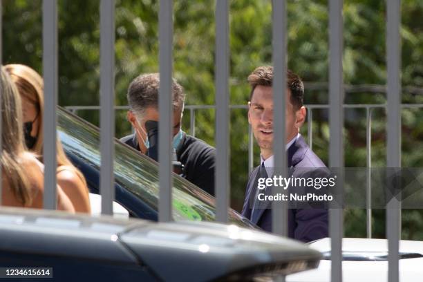 Lionel Messi arrives to his farewell press conference at Auditori 1899 at Camp Nou Stadium in Barcelona, Spain on August 8, 2021.