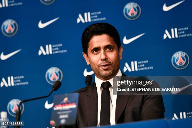 Paris Saint-Germain's Qatari President Nasser Al-Khelaifi speaks during a press conference for the unveiling of Argentinian football player Lionel...