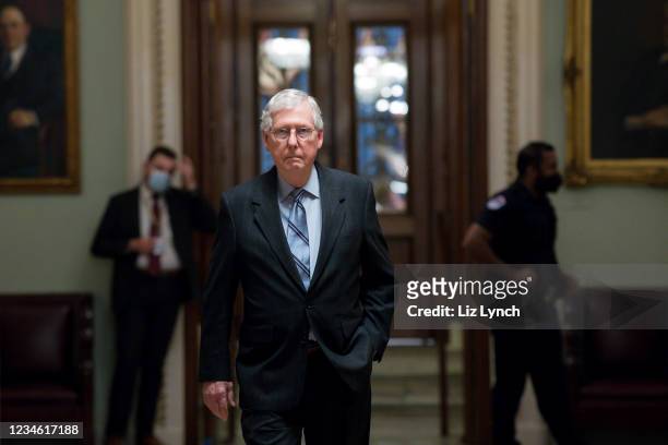 Senate Minority Leader Mitch McConnell leaves the Senate Chamber in the U.S. Capitol on August 11, 2021 in Washington, DC. The Senate is voting on a...
