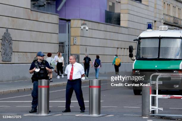 Policeman stands outside the British Embassy on August 11, 2021 in Berlin, Germany. German law enforcement authorities announced today that they have...