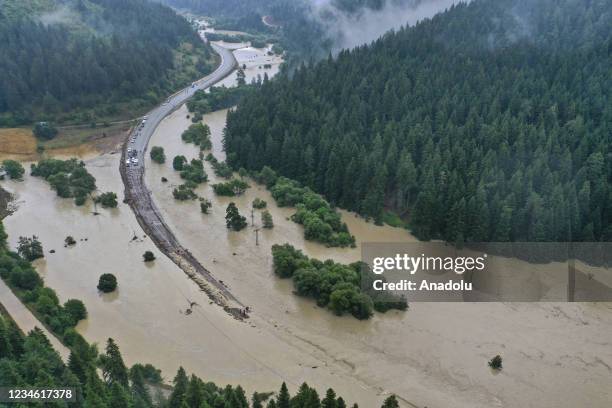 View of a destroyed road after heavy rain and floods caused major damage in Azdavay district of Kastamonu, Turkey on August 11, 2021