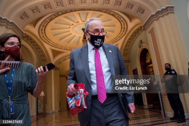 Senate Majority Leader Sen. Chuck Schumer speaks with reporters in the halls of the U.S. Capitol on August 11, 2021 in Washington, DC. The Senate...
