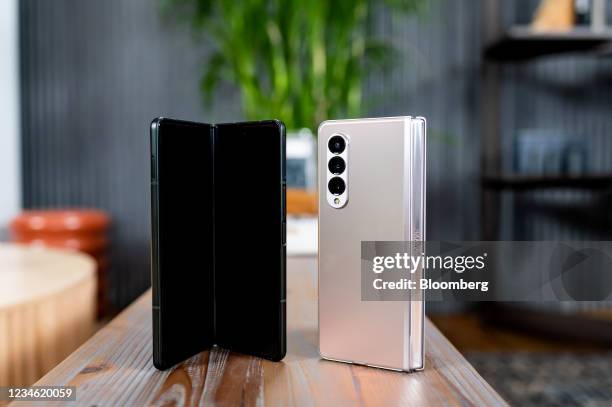 Samsung Electronics Co. Galaxy Z Fold3 5G foldable smartphones at the Samsung Unpacked product launch event in New York, U.S., on Tuesday, Aug. 10,...