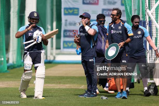 India's Rohit Sharma gestures after a net session during training ahead of the second Test match between England and India at Lord's cricket ground...