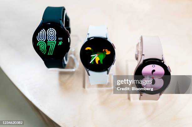 Samsung Electronics Co. Galaxy Watch Active 4 smartwatches at the Samsung Unpacked product launch event in New York, U.S., on Tuesday, Aug. 10, 2021....