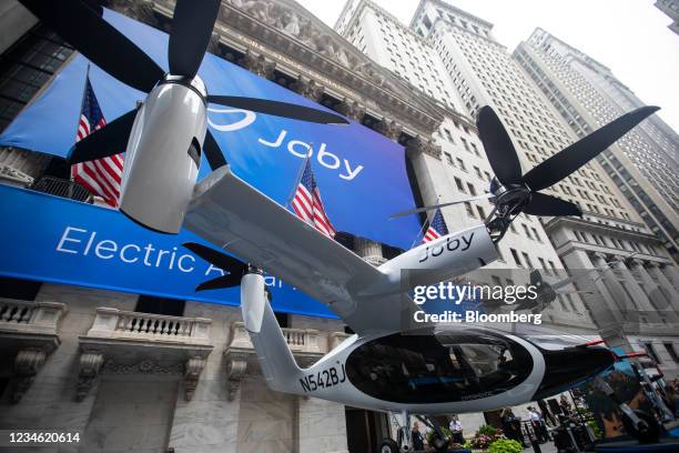 Joby Aviation Inc. Electric Vertical Take-Off and Landing aircraft outside the New York Stock Exchange during the company's initial public offering...