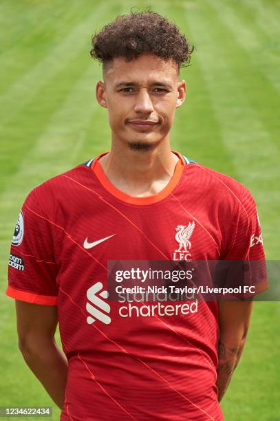 Rhys Williams of Liverpool poses for a photo at AXA Training Centre on August 11, 2021 in Kirkby, England.