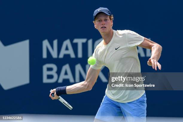 Jannik Sinner returns the ball during his National Bank Open tennis tournament second round game on August 11 at Aviva Centre in Toronto, ON, Canada.