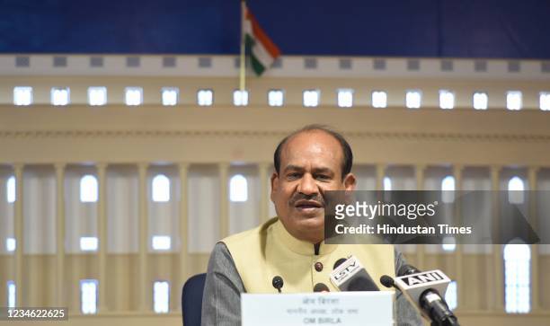 Lok Sabha Speaker Om Birla address a press conference at Parliament House Library after Lok Sabha adjourned Sine Die on August 11, 2021 in New Delhi,...