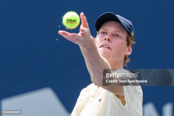 Jannik Sinner serves the ball during his National Bank Open tennis tournament second round game on August 11 at Aviva Centre in Toronto, ON, Canada.