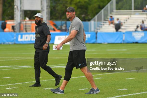 Detroit Lions head coach Dan Campbell and Detroit Lions defensive backs coach Aubrey Pleasant during Detroit Lions Training Camp on August 10, 2021...