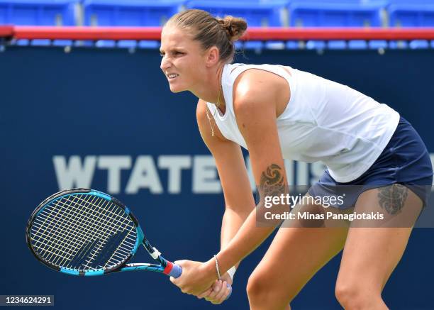 Kristyna Pliskova of the Czech Republic prepares to receive a serve during her Womens Singles second round match against Donna Vekic of Croatia on...