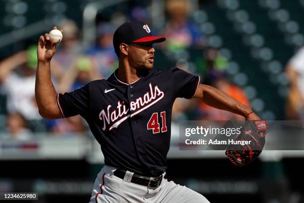 Joe Ross of the Washington Nationals pitches during the second inning against the New York Mets at Citi Field on August 11, 2021 in New York City....