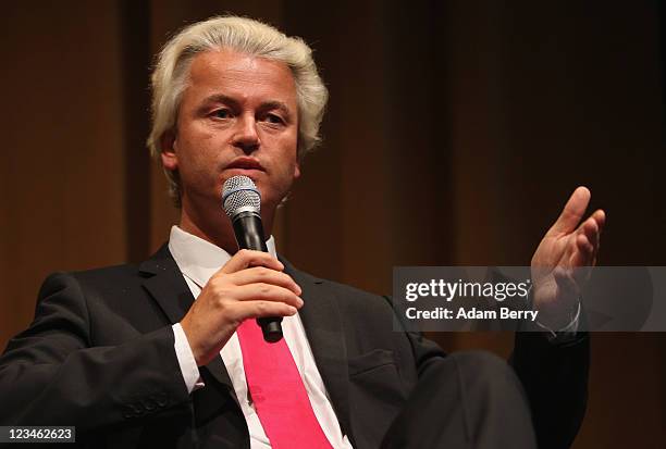 Dutch right-wing politician Geert Wilder speaks at a German Die Freiheit press conference at a party rally on September 3, 2011 in Berlin, Germany....