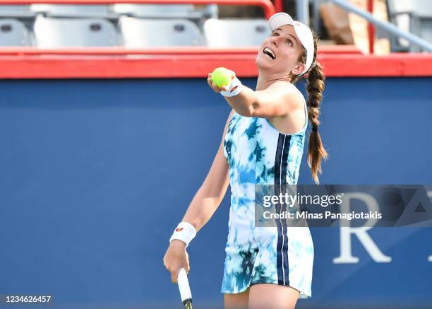 Johanna Konta of Great Britain serves during her Women's Singles second round match against Elina Svitolina of Ukraine on Day Three of the National...