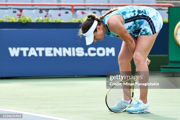 Johanna Konta of Great Britain shows her frustration after losing a point during her Women's Singles second round match against Elina Svitolina of...