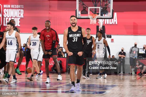 Max Strus of the Miami Heat after making the game winning shot during sudden death overtime during the game against the Memphis Grizzlies during the...