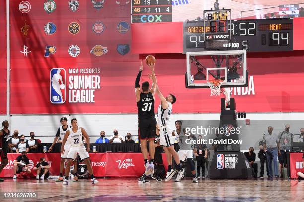 Max Strus of the Miami Heat shoots the game winning shot during sudden death overtime during the game against the Memphis Grizzlies during the 2021...