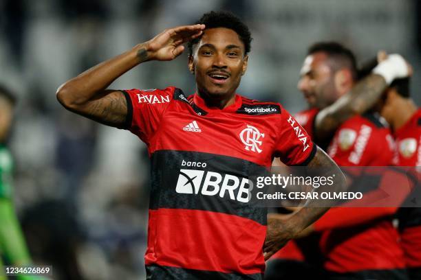 Brazil's Flamengo Vitinho celebrates after scoring against Paraguay's Olimpia during the Copa Libertadores quarter-finals first leg football match,...