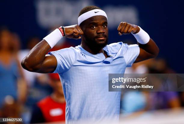 Frances Tiafoe of the United States reacts following his second round match against Denis Shapovalov of Canada on Day Three of the National Bank Open...