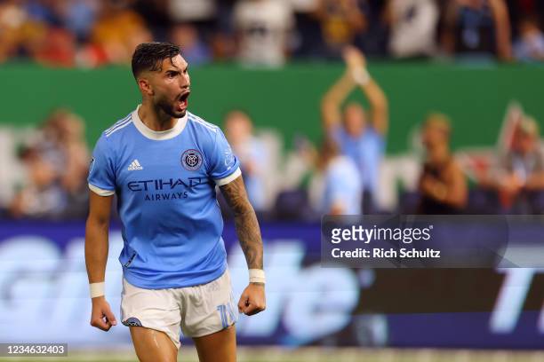 Valentin Castellanos of NYCFC reacts after scoring on his penalty kick during a quarterfinals match against Pumas in the Leagues Cup 2021 at Yankee...