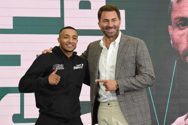 Eddie Hearn of Matchroom and Zelfa Barrett on August 12, 2021 in Brentwood, England ahead of a Super Featherweight contest.