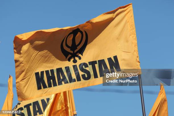 Khalistan flag seen as Canadian Pro-Khalistan Sikhs protest against the Indian government and call for a separate Sikh state called Khalistan in...