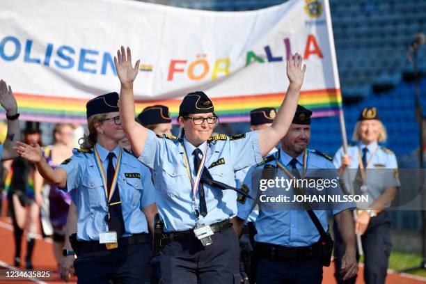 Malmo Police Chief Petra Stenkula attends the WorldPride 2021 opening parade at Malmo Stadium on August 12, 2021. - This year's WorldPride will be...