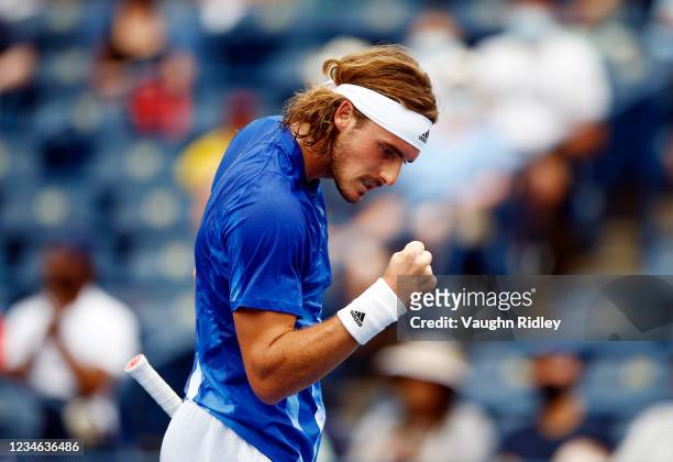 Stefanos Tsitsipas of Greece reacts after winning a point against Karen Khachanov of Russia during the third round on Day Four of the National Bank...