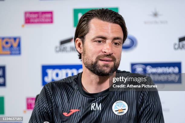 Russell Martin Head Coach of Swansea City speaks during the Swansea City Press Conference at The Fairwood Training Ground on August 12, 2021 in...