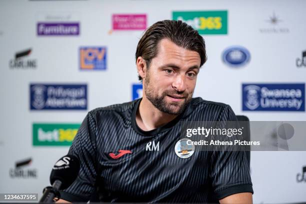 Russell Martin Head Coach of Swansea City speaks during the Swansea City Press Conference at The Fairwood Training Ground on August 12, 2021 in...