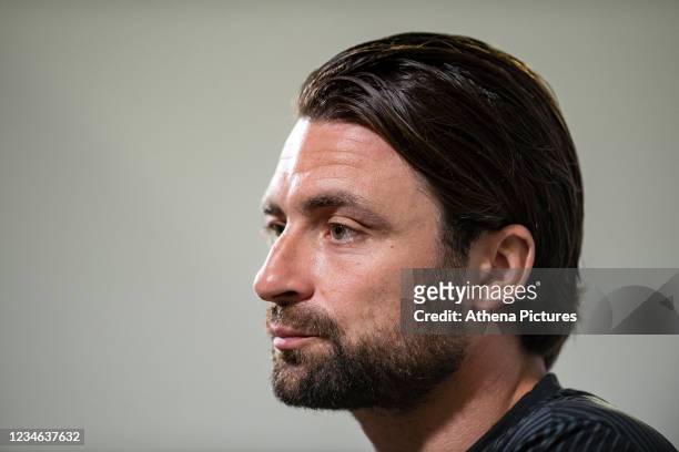 Russell Martin Head Coach of Swansea City speaks during the Swansea City Press Conference at The Fairwood Training Ground on August 12, 2021 in...