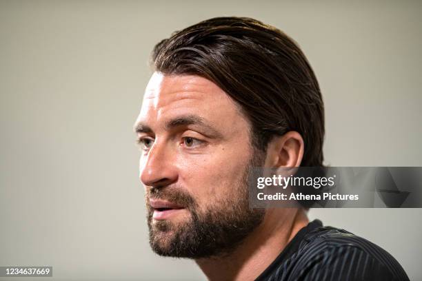 Russell Martin Head Coach of Swansea City speaks during the Swansea City Press Conference at The Fairwood Training Ground on August 12, 2021 in...