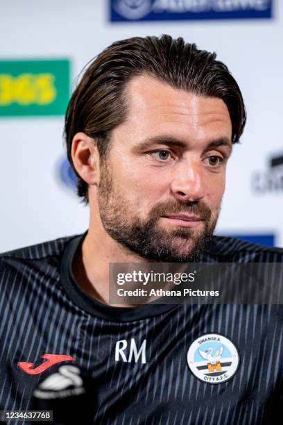 Russell Martin Head Coach of Swansea City speaks during the Swansea City Press Conference at The Fairwood Training Ground on August 12, 2021 in...