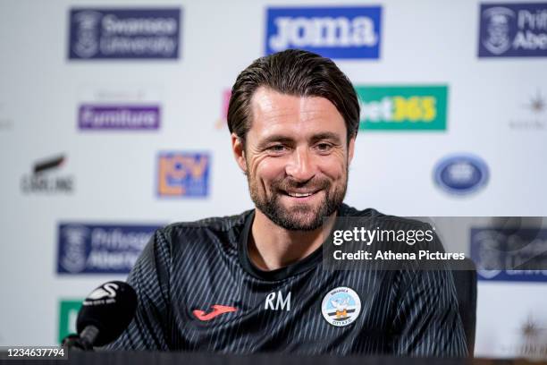 Russell Martin Head Coach of Swansea City speaks during the Swansea City Press Conference at The Fairwood Training Ground on August 12, 2021 in...