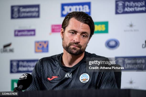 Russell Martin Head Coach of Swansea City speaks during the Swansea City Press Conference at The Fairwood Training Ground on August 12, 2021 in...