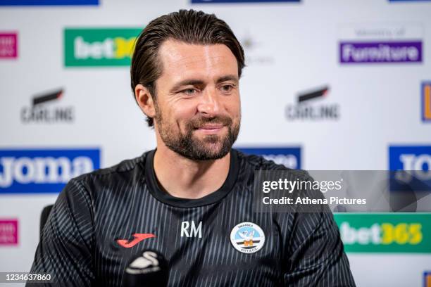 Russell Martin Head Coach of Swansea City speaks during the Swansea City Press Conference at The Fairwood Training Ground on August 12, 2021 in...