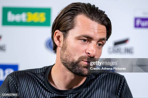 Russell Martin Head Coach of Swansea City speaks during the Swansea City Press Conference at The Fairwood Training Ground on August 12, 2021 in...