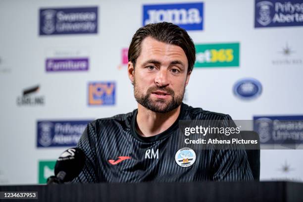 Russell Martin Head Coach of Swansea City speaks during the Swansea City Press Conference at The Fairwood Training Ground on August 12, 2021 in...