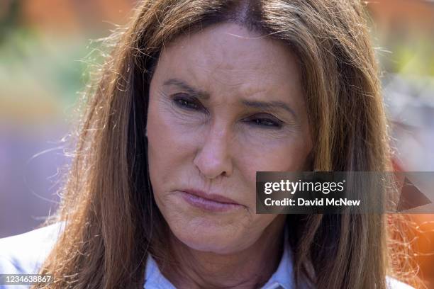 Gubernatorial candidate Caitlyn Jenner talks to reporters about homeless issues as she campaigns to overthrow California Gov. Gavin Newsom in an...