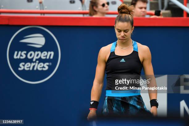 Maria Sakkari of Greece reacts after losing a point during her Womens Singles third round match against Victoria Azarenka of Belarus on Day Four of...
