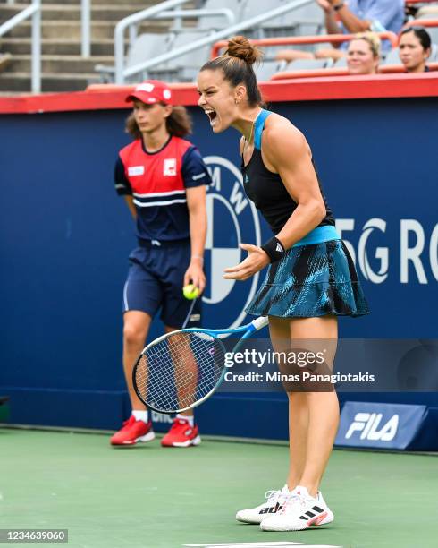 Maria Sakkari of Greece reacts after losing a point during her Womens Singles third round match against Victoria Azarenka of Belarus on Day Four of...