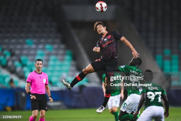 Hidemasa Morita of Santa Clara, Lamine Junior Tall of Olimpija Ljubljana battle for the ball during the UEFA Conference League Third Qualifying Round...