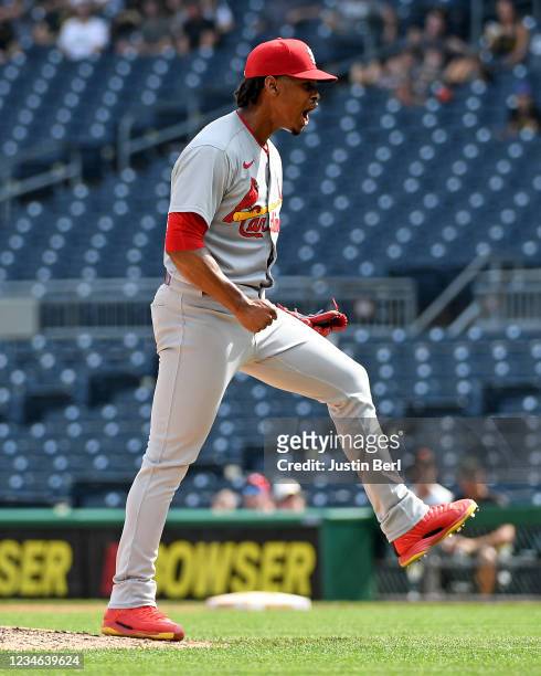 Alex Reyes of the St. Louis Cardinals reacts after the final out in a 7-6 win over the Pittsburgh Pirates during the game at PNC Park on August 12,...