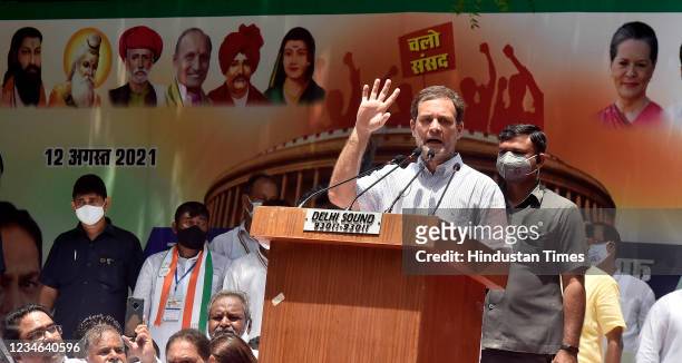 Congress leader Rahul Gandhi addresses Youth Congress workers during a protest over atrocities committed against the Scheduled Castes, at Raisina...