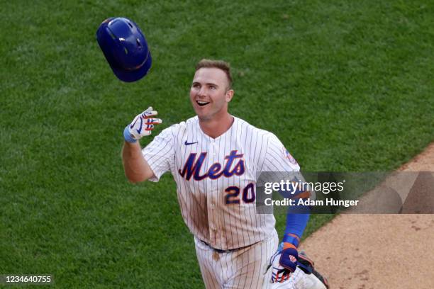 Pete Alonso of the New York Mets celebrates after hitting a walk-off home run to defeat the Washington Nationals in game two of a doubleheader at...